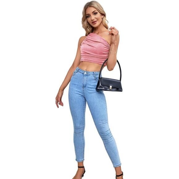 Women's Ruched One Shoulder Crop Top, Baby Pink - Picture 6 of 7